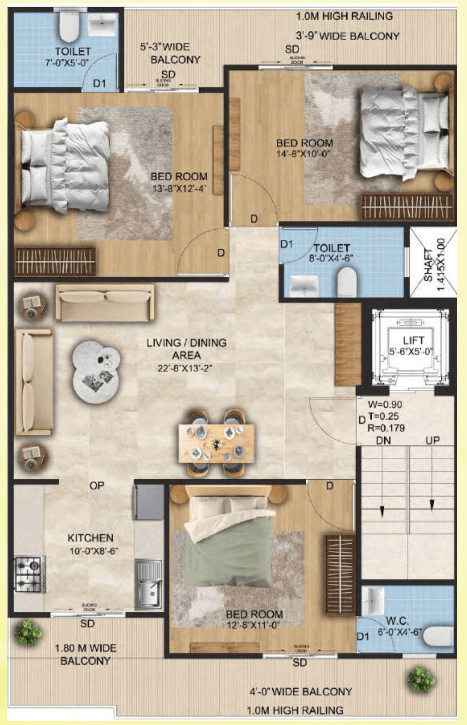 Plan A — 3 BHK + 3 Toilet + 4 Balconies