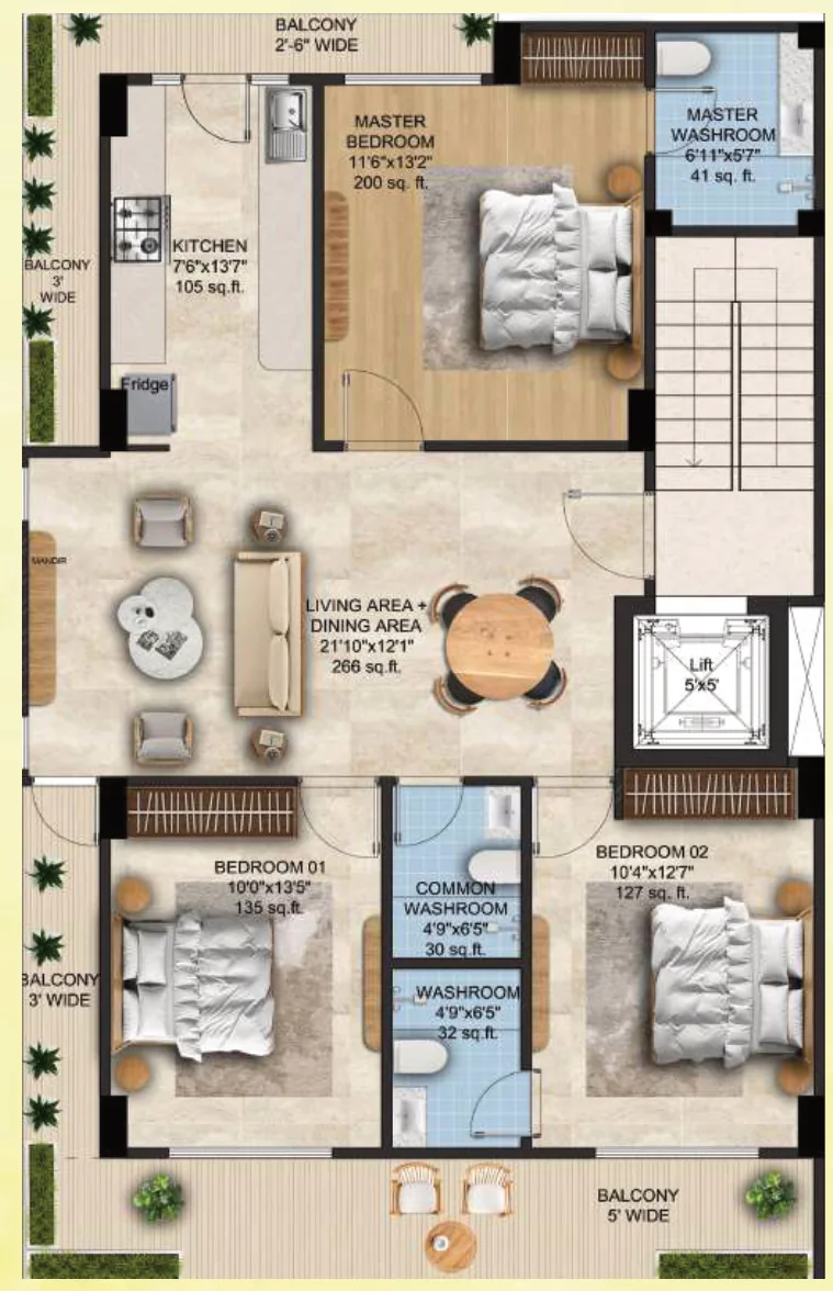 Plot 36 typical floor plan: 3 BHK with three washrooms